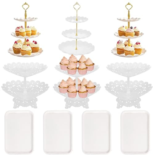 10 Cake Rack Set with 3 Double Layered Heart-shaped Cake Racks 3 Triple Layered Cupcake Racks and 4 Appetizer Trays, Various Styles of Candy and Fruit Display Towers, Used for Birthday Baby Bride Shower Parties (White)