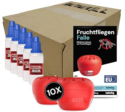Novokill Piège à Mouches des Fruits - 10x pièges + 5X Attractif 30ml - Efficace pour la Cuisine et la gastronomie - Combattre Les Mouches des Fruits - Piège à Effet Durable - Réutilisable