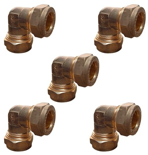15mm Brass Compression Elbow Connectors – Pack of 5 | Plumbing Fittings for Copper Pipework | Durable & Easy to Install
