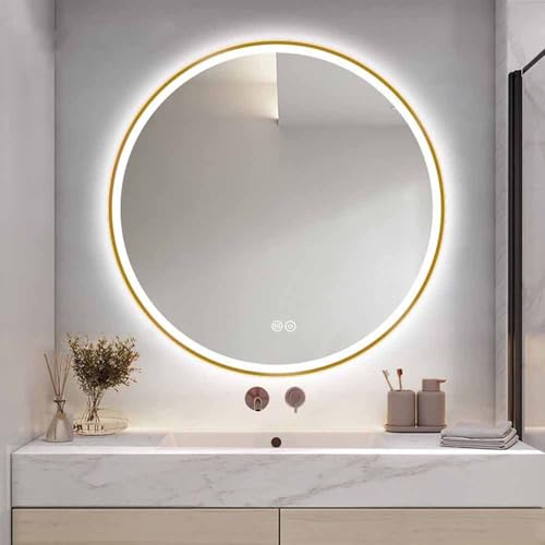 Decmiroor Runder Badspiegel 100CM LED Spiegel mit Touch-Schalter 3 Lichtfarbe Beleuchtung Schminkspiegel 50cm Rund Wandspiegel Beschlagfrei für Waschräume(Gold,50cm/20in)