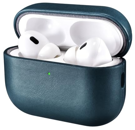 ICARER Leder Hülle für AirPods Pro 3 2025 Schutzhülle Tasch, Blau | Premium Echtleder, Stoßfeste Schutzhülle, LED sichtbar, Unterstützung Wireless Ladegerät, Einfaches Anbringen und Abnehmen