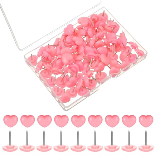 100 Pcs Heart Push Pins, 0.49inch Decorative Thumb Tacks Cute Thumbtack Pushpins Cork Board Accessories Room Decor for Bulletin Boards Cork Board Wall Photos Postcards Maps Office (Pink)