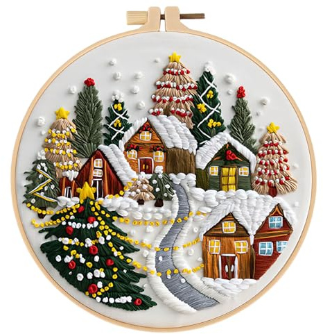 Generisch Sticken Set Erwachsene, Weihnachtsstickerei-Set für Anfänger, Kreuzstich Weihnachten Deko-mit Bambus-Stickrahmen-Durchmesser 20 cm (Frohe Weihnachten(B))