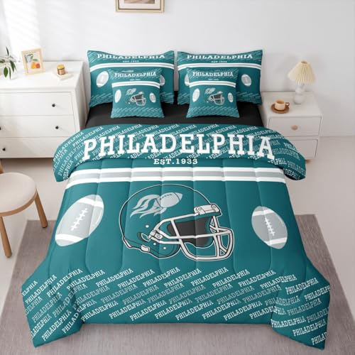 Feelyou American Football Comforter Set with Sheets 7 Piece Full Size Philadelphia Bed in a Bag Kids Boys Girls Football City Gift Bedding Set Bedroom Decor Breathable Soft Microfiber