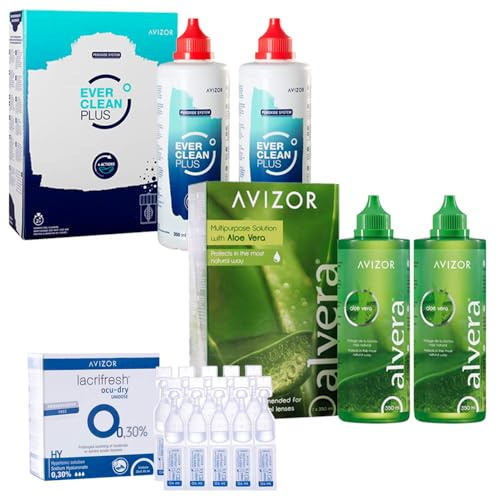 Pack Cuidado Lentillas: Ever Clean Plus 2x350ml + Alvera 2x350ml + Lacrifresh Ocu-Dry 20 monodosis | Limpieza, Hidratación y Alivio