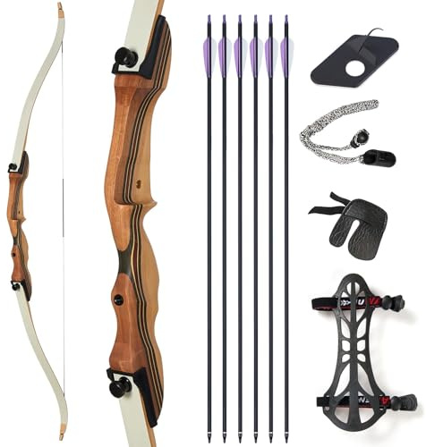 Recurvebogen Set für Anfänger, 62 Zoll rechtshändiger Schießbogen aus laminiertem Holz, 26-38 lbs Zuggewicht für Zielpraxis und Wettkampf (30 lbs Set)