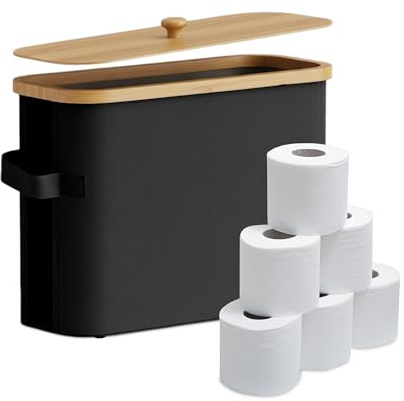 Relaxdays Almacenamiento de Papel higiénico, 12 Rollos, Negro | 33 x 45 x 16 cm, textil, bambú, caja