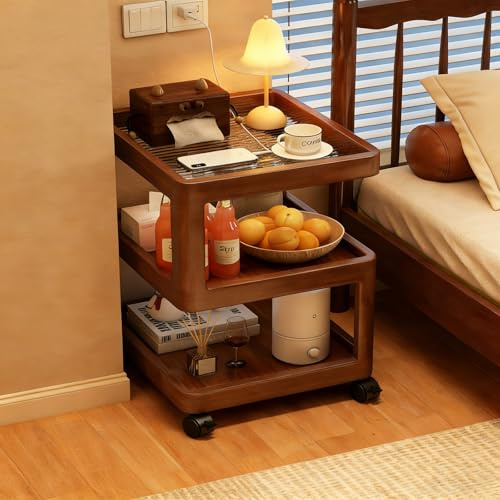 DEOPXF Tavolino Comodino In Bambù Con Piano In Vetro Rotelle 360° Struttura Resistente Facile Da Pulire Montaggio Semplice(Marrone,30cm)