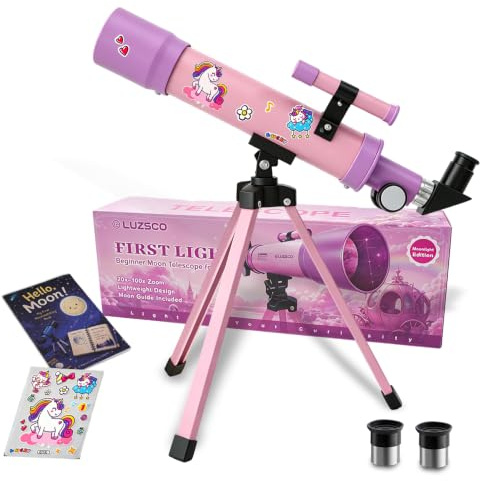 Télescope pour filles, 50 mm, 100 x télescope rose violet avec autocollants licorne | Télescope débutant avec trépied et autocollants licorne, conçu pour l'apprentissage STEM et l'exploration astronomique.