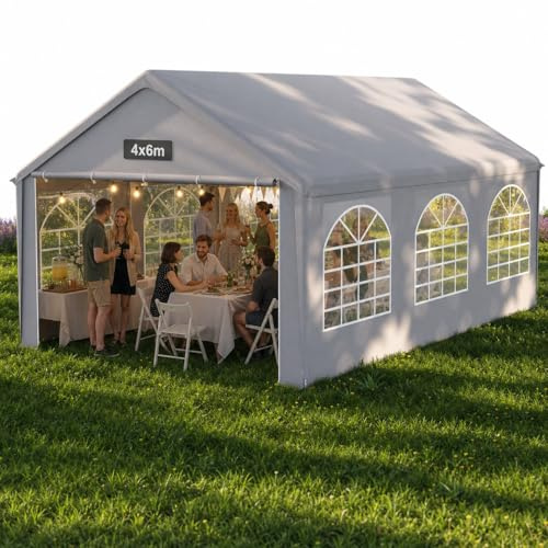 QEENTOE Partyzelt 4x6 m Wasserdicht UV-Schutz, Stabiler Garten Pavillon mit Seitenteilen und Fenstern, Winterfest PE-Plane Festzelt für Hochzeit Feier Außenbereich Grau