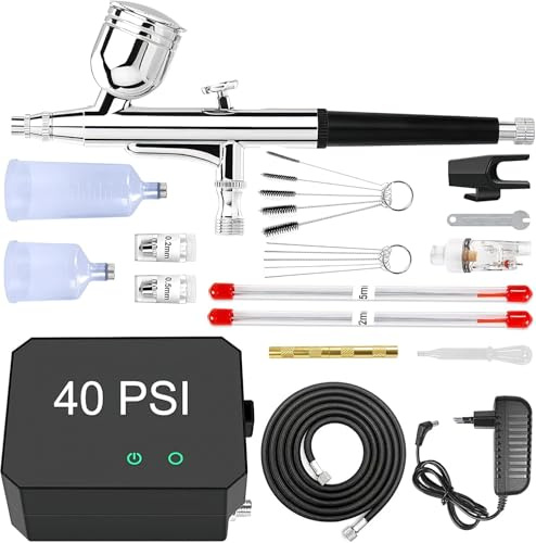 Pwate 40 PSI Airbrush Set mit Kompressor Airbrush Set Dual Action | 3 Betriebsmodi und Düsen von 0,2/0,3/0,5 mm, 16 Teiligem Zubehörset für Bastelarbeiten, Nageldesign, Tattoos,Make-up,Schwarz