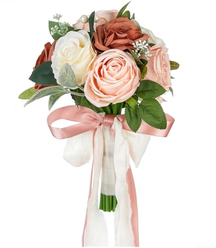 Linnkyfloa Altrosa Seidenrosen-Brautstrauß, realistische künstliche Blumen, Hochzeitsfotografie, künstliche Rosenstrauß, Brautjungfern, dekoratives Handblumenarrangement, 29 x 20 cm (5954)