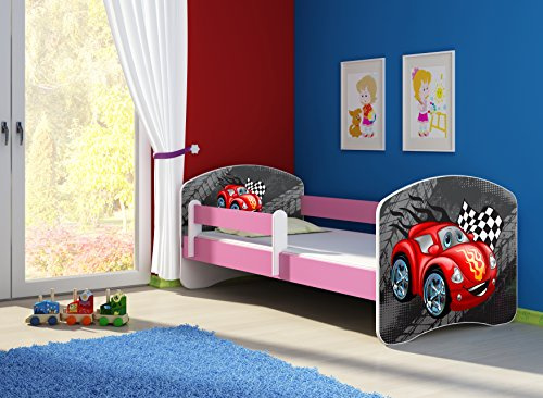 CLAMARO 'Fantasia Pink' 180 x 80 Kinderbett Set inkl. Matratze und Lattenrost, mit verstellbarem Rausfallschutz und Kantenschutzleisten, Design: 05 Rennwagen Rot