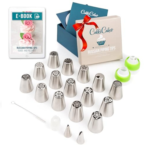 CukkiCakes Beccucci Russi | SET Decorazione per Fiori di Torta/Cupcake 42 Pezzi: 17 Beccucci Sac a Poche + 20 Tasche da Pasticcere Usa e Getta + 1 Sacca in Silicone + 3 Adattatori + Guida