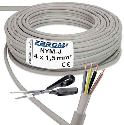 EBROM NYM-J 4x1,5 mm² Mantelleitung Installationskabel grau - Länge: 50 m | 5 bis 100 m, Installationsleitung Feuchtraumkabel, für die feste Verlegung in trockenen + feuchten Räumen 4x1,5 mm2 300V/500V