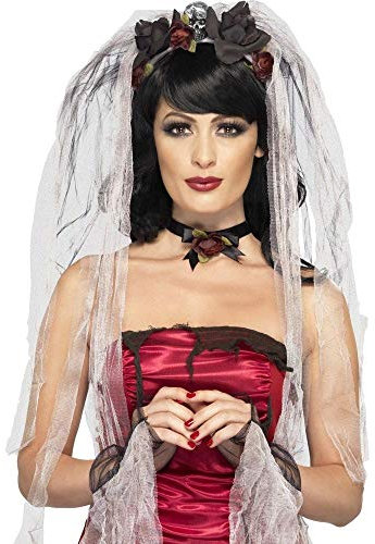 Set Gothic Braut Schleier mit Rosen und Totenköpfen Armstulpen Kette Halloween Kopfschmuck Tiara Haarreif