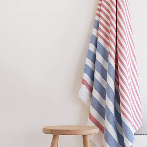 Luzia Striped Peshtemal Multi-Use Towel - Beach, Pool and Bathroom (Single, 40 x 70 inches) 100% Turkish Cotton, Premium, Stylish, Soft, Absorbent and Quick Drying (Blue and Red)