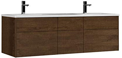 StoneArt Badmöbel Set Mineralguss Waschbecken Waschschale Aufsatzwaschbecken und Unterschrank Waschtisch Einzel- oder Doppelwaschbecken Venice VE-1610-II Eiche dunkel 160cm