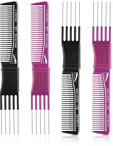 Patelai 4 Pcs Carbon Lift Teasing Comb with Metal Prong Lift Teasing Comb and Hair Pick Salon Fluffing with 5 Stainless Steel Pins for Women Hair(Black and Purple)
