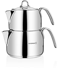 Korkmaz A028 Perla - Juego de tetera turca para estufa, tetera doble de acero inoxidable 18/10 con asas resistentes al calor, tetera y tetera estilo Samovar con 40 onzas (1200 ml) y 64 onzas (2000 ml)