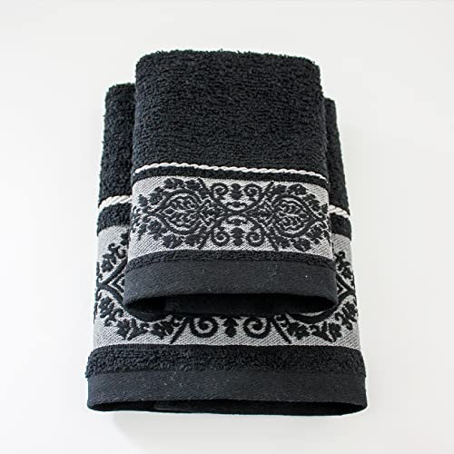 Jenny Sesal Set Asciugamani KATIA, con Balza in Jacquard, Set di due asciugamani da bagno Viso e Ospite NERO Spugna di alta qualità proveniente da Portogallo.