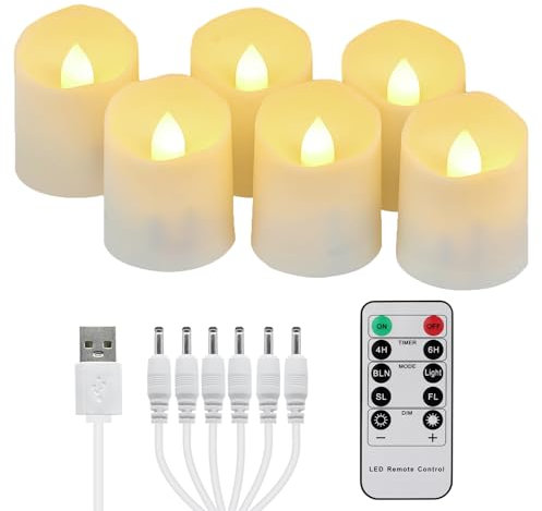 FREEPOWER 6 Candele LED Ricaricabili con Timer Telecomando Fiamma Tremolante, Luce Bianca Calda, Lumini LED Elettriche, Dimmerabili, con Cavo USB, Decorazione per Natale Halloween, 4 x 4.5cm