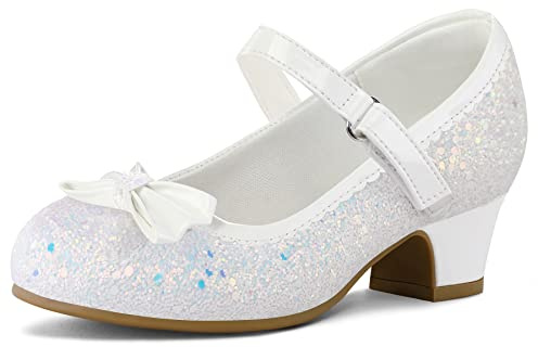 K KomForme Girl's Dress Shoes Mary Jane Glitter 1.5 in Low Heel Wedding Party Princess Shoes for Toddler/Little/Big Kids White