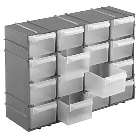 AC - Clasificador apilable de plástico - 16 cajones - Estante Organizador para Piezas pequeñas, Tornillos, Botones, Taller, Costura - 15 x 21 x 7,8 cm - Color Aleatorio