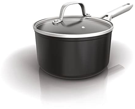 Ninja ZEROSTICK Essentials Cookware 16cm Saucepan with Glass Lid, Non-Stick, Long Lasting Forged Aluminium Saucepan, Induction Compatible, Oven Safe to 260°C, Black C10216UK