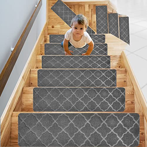 Cliplanyard Carpet Stair Treads, 15pcs Non-slip Rugs with Rubber Backing, 30''X8'' Removable and Machine Washable, Indoor Runner Cover Mat Perfect for Pets Kids Elders (01)