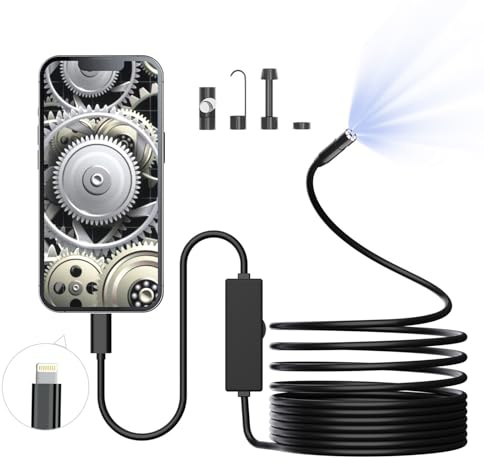 Endoskopkamera med ljus, 1920P HD boroskop med 8 justerbara LED-lampor, endoskop med 5 m halvstyv ormkabel, 8 mm IP67 vattentät inspektionskamera, stöder iOS, inte för Android och iOS 15+