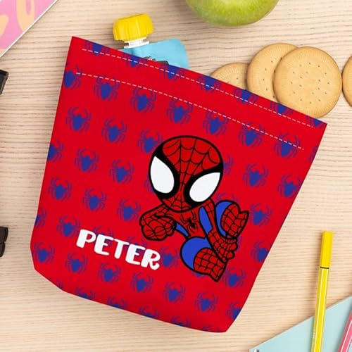 Wanapix | Porta Merenda per Bambini con Nome | Porta Sandwich Personalizzato | Porta Panino o Snack | Senza BPA | Chiusura a Strappo | Antimacchia e impermeabile | 18 cm | Ragno