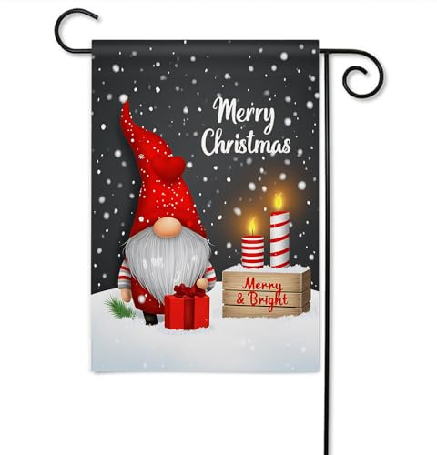 Moslion Nain de Noël - Drapeau de jardin vertical double face - Bougie de neige - Boîte cadeau - Drapeaux de maison - Bannières en toile de jute - 31,8 x 45,7 cm - Pour décoration extérieure et