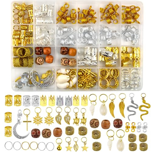 Qingchuang 241 Pcs Hair Jewelry for Braids, Loc Jewelry, Metal Gold Silver Clips, Shells, Imitation Wood Beads, Hair Charms, Women Adjustable Cuffs, Braiding Hair Rings, Decoration