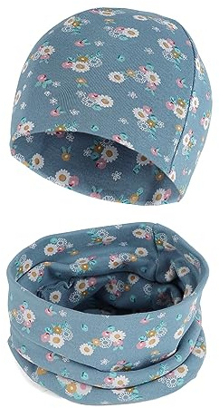 Cheerful Mario Ny Född Bomull Scarf och mössa Set för Baby Pojke Flicka Mjuka och charmiga mönster, Blå blommor, 3-7 año