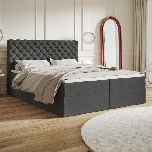 MOTIVENA Nero Chesterfield Boxspringbett 180x200 mit Bettkasten und Topper, Polsterbett 180x200 mit Bettkasten, Taschenfederkern-Matratze (H3), T28 Schaumstoff Topper (H3), Samt, Grau (Anthrazit)