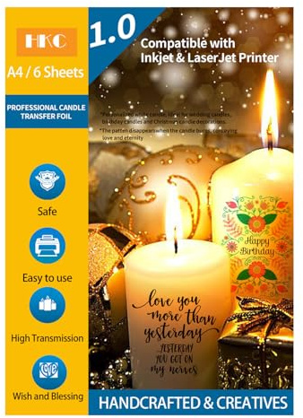 HKC Water Slide Film for Candles, Candle Tattoos Printable, Candle Transfer Film for Laser Printer/Inkjet Printer, Candle Transfer Film for Christmas, Wedding, Holiday Decoration, A4 x 6 Sets