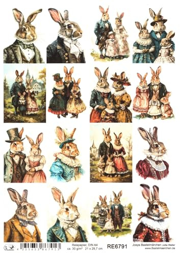 Josys Bastelmärchen Reispapier A4 Strohseide Decoupage Ostern Hase in Vintage Anzug Kleid RE6791
