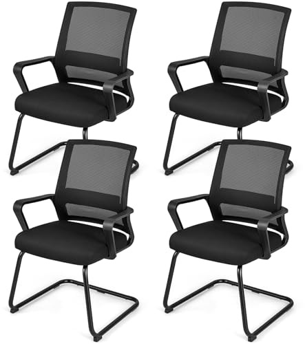 COSTWAY 1/2/4PCS Guest Reception Chairs, Mid-Back Mesh Conference Chairs Computer Armchairs with Lumbar Support and Sled Base, Metal Base Office Chair for Waiting Room Meeting Room (62 x 59 x 94cm, 4)