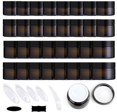 Yauhar 192Pcs 5g 10g 15g 20g Amber Glass Jars Assorted Kit with Black Lids, Inner Liners, Spoons and blank labels for Storing Lip and Body Scrub, Bath Salts, Lotion, Body Butter