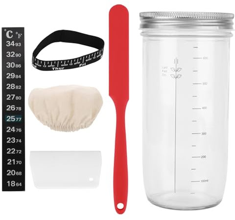 Miawtro Minimalist Sourdough Starter Kit, 750ml Glass Jar with Spatula, Dough Scraper, Aluminium Lid, Thermometer, Rubber Bands, Cloth Cover for Baking