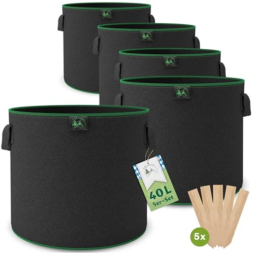TTL GARDEN 5X 40L Pflanzsack aus Vlies Stoff aus 300 g/m² Filz & Vlies - | 5er Set 40 Liter Pflanztaschen Vliesstoff - Pflanzgefäß Pflanzbeutel Wachstumstasche für Balkon Terrasse Gewächshaus & Garten