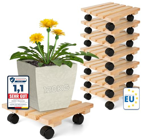 Oramics 8 Stück Pflanzenroller Eckig aus Massivholz – 30 x 30 x 8 cm bis 120 KG belastbar – Rollbrett für Pflanzen, Blumentöpfe und Blumenkübel – Blumentopf Untersetzer mit 4 Rollen