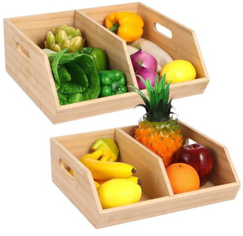 2 Pack Bamboo Storage Bins for Pantry Organization, Potato Onion Storage Containers - Kitchen Countertop Fruit Basket, Vegetable Produce Storage (2 Sizes)
