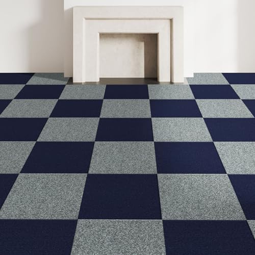 CUCOS 20 Pack Peel and Stick Carpet Tiles – 30 x 30cm Soft Self-Adhesive Floor Tiles, 10 Navy Blue & 10 Light Grey – Padded Flooring for Bedroom, Living Room, Office – Covers 20 sq ft