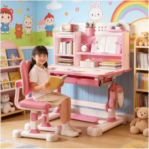 locwanot Set scrivania e sedia per bambini - Altezza regolabile - Tavolo da studio ergonomico con cassetto estraibile - Supporto per libri - Gancio cavo, pedale, divisorio ((Piano inclinabile, rosa))
