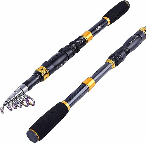 Sougayilang Caña telescópica de pescar, 24 tonos, fibra de carbono, asiento de carrete CNC, mango retráctil, guías inoxidable para bajo, salmón, trucha