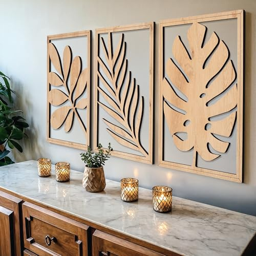 qmmp Moderne Wandskulpturen aus MDF-Holz, Eiche - Wohnkultur - Große Wanddekoration für Wohnzimmer Schlafzimmer Büro - Einfache Installation (Eiche, L, Blätter 3er Set)