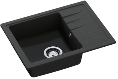 GRANMASTER Gracia Granitspüle Schwarz Matt - Spülbecken Küche 58x44 cm mit Abtropffläche, Küchenspüle 1 Becken, Einbauspüle Einzelbecken für die Küche