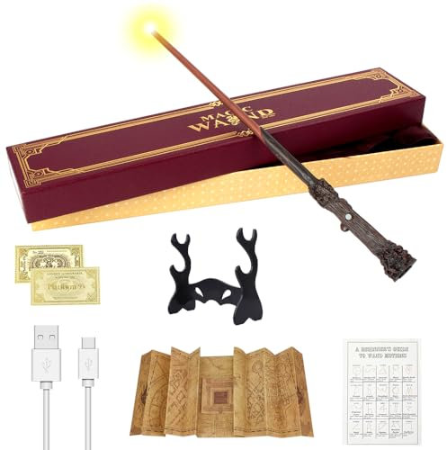 CJBIN Harry Potter Zauberstab, 38 cm, Leuchtstab, USB-Ladestab, magische Stäbe in Geschenkbox mit Karte, Bahnhofsticket, Karte und Halter